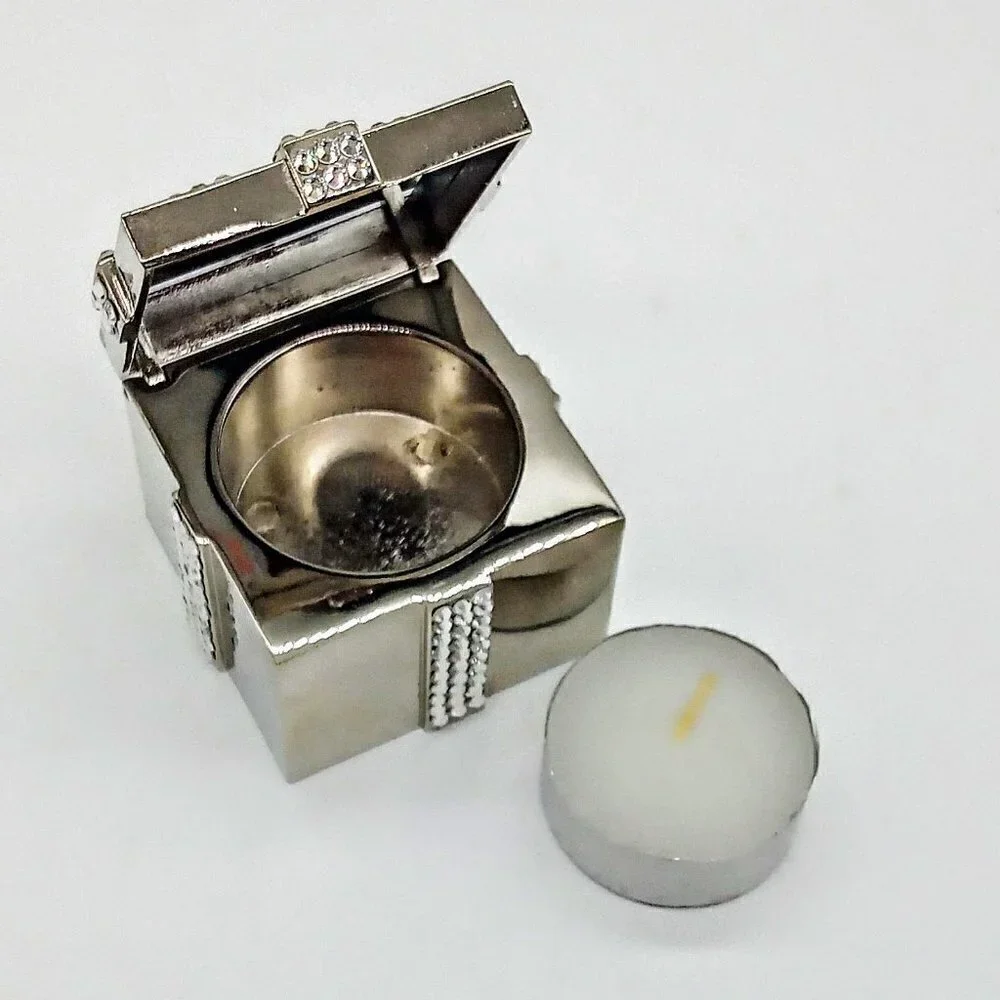 Square Silver Hinged Mirror Box Rhinestone Bow Tealight Candle Holder